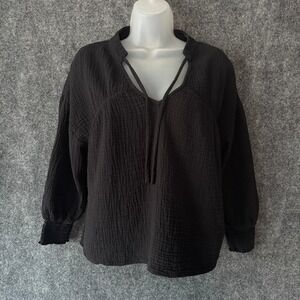 Evereve Eleonore Crinkle Gauze Tie Neck Top Womens‎ M Long Sleeve Blouse  Casual